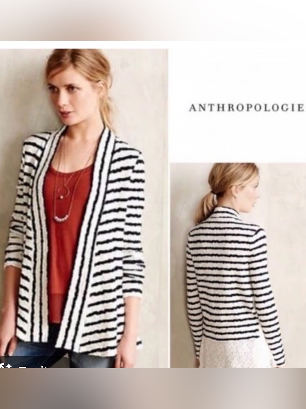 Anthropologie postage stamp Black & White Striped Open-Front Cardigan